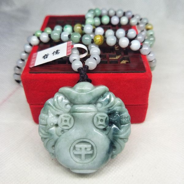 

zheru jewelry pure natural jadeite two-color bat vase pendant three-color jade jade bead necklace class a national certificate, Silver