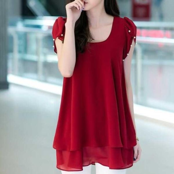 

large size 5xl women blouse 2019 summer pure loose chiffon shirt female short sleeve simple shirt female dv340, White