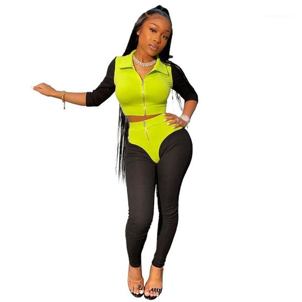 

color tracksuits lapel neck patchwork female sports suits skinny half sleeve ladies clothing spring womens contract, Gray