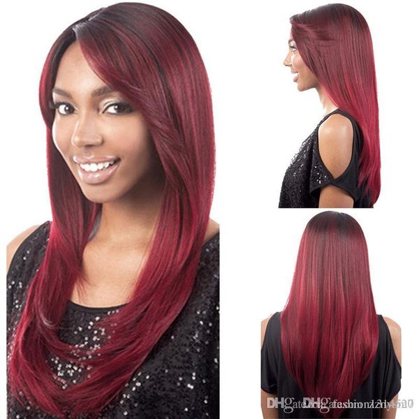 

women's long straight hair wine red europe and the united states african fashion chemical fiber color wig headgear, Black