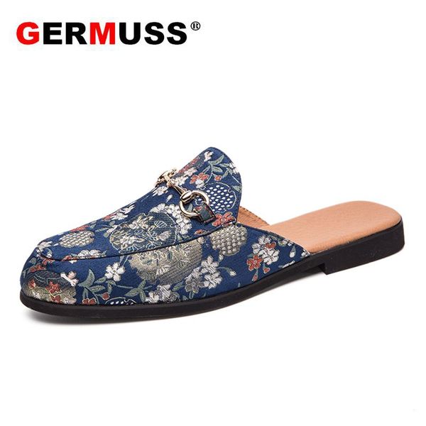 

summer loafers half slippers embroidery designer half loafer slip on lazy shoes men leisure male flat heel comfortable, Black