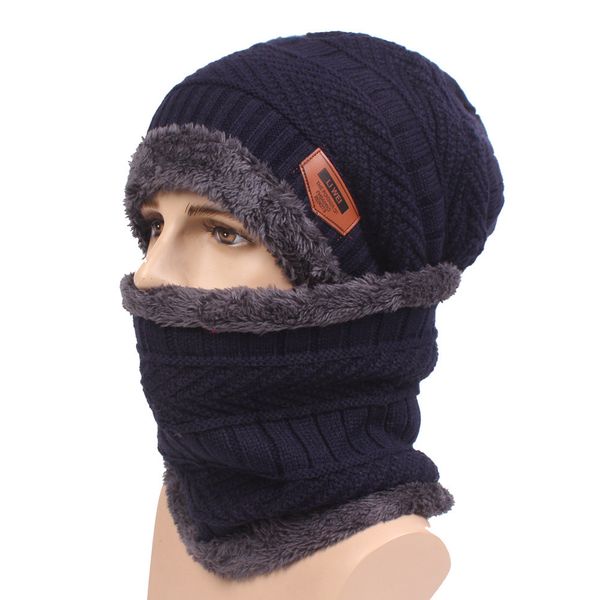 

winter thicken beanie hat men women hat&scarf 2pieces warm plus plush scarf hat set scarf set kniting windproof cap, Blue;gray