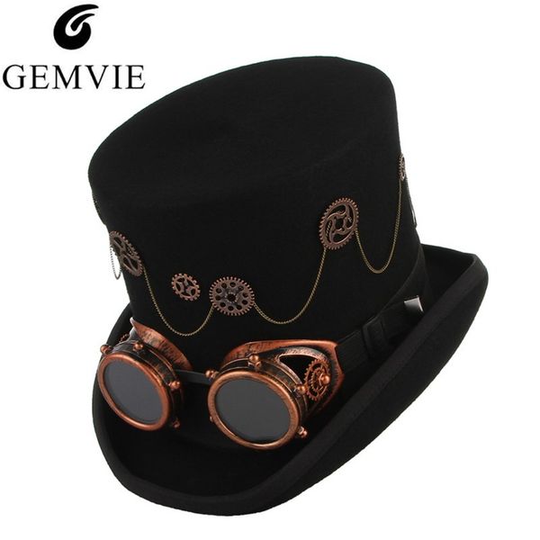 

gemvie 100% шерсть войлок steampunk unisex высоких цилиндров с редуктором очки rock band hat костюм fedoras магия партия цилиндр hat y200110, Blue;gray
