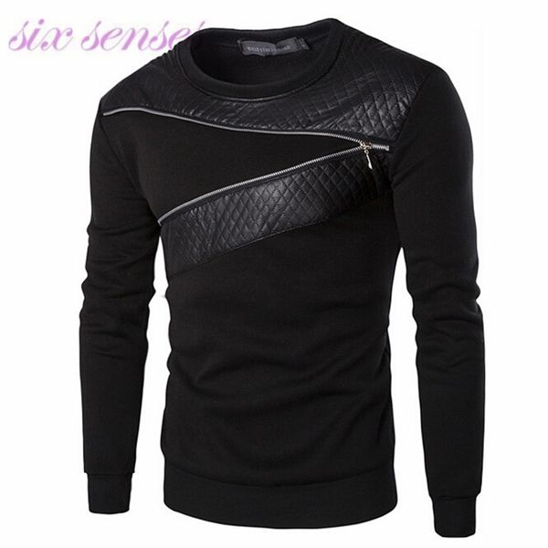 

5xl european casual men hoodies new autumn fashion slim pullover patchwork leather zipper men sweatshirt plus size,wh0050, Black