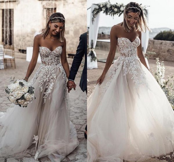 2019 Boho Summer Beach Wedding Dresses Sweetheart Lace Appliques Beach Bridal Gowns For Weddings Cheap Custom Made Wedding Gowns