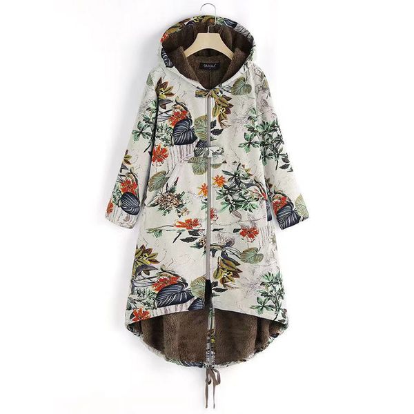 

2019 women parkas warm hooded coat floral pattern jacket casual full sleeve zipper multi-color print female coat, Black