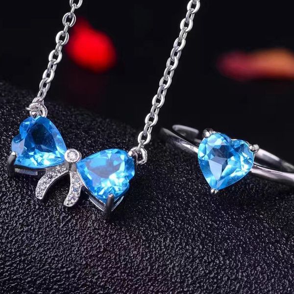 

meibapj natural blue z bow heart jewelry set 925 pure silver ring pendant necklace 2 suits fine wedding jewelry for women, Black