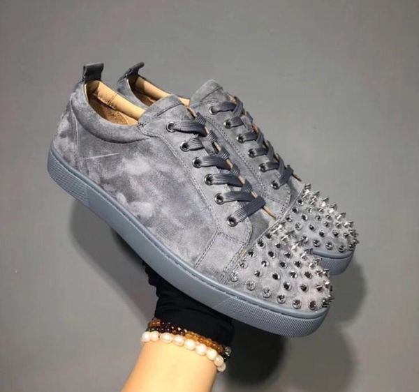 

designer sneakers red bottom spikes flat velours suede sneakers iron grey men trainers 100% real leather party shoes m010022, Black