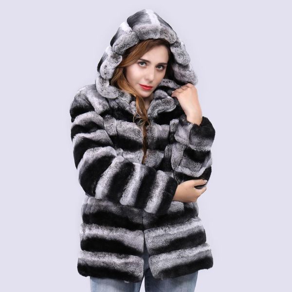 Mulheres luxuosas casaco de pele rex real com peles genuínas listradas com capuz Outerwear Chinchilla jaqueta de inverno grosso moda quente