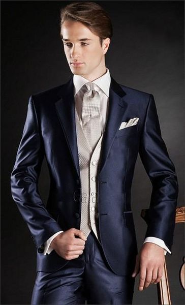 Azul Moda Navy Shinny Noivo Smoking Notch lapela Groomsmen vestido de casamento Excelente Homem Jacket Blazer 3 Piece Suit (Jacket + Calças + Vest + Tie) 60