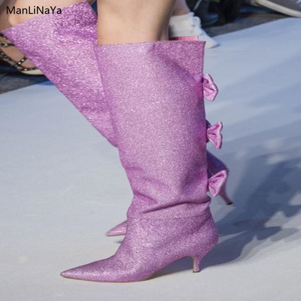 

pointed toe bow tie decor women boots bling butterfly-knot slip on female knee-high boots brand design kitten runway woman shoes, Black