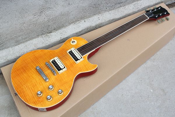 

factory custom yellow electric guitar with fretless,flame maple veneer,chrome hardware,rosewood fretboard,offer customized