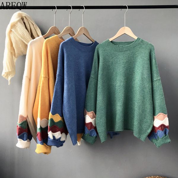 

2019 new fashion knitted patchwork women sweater cute casual o-neck knitwear women loose cute pullovers sweater, White;black