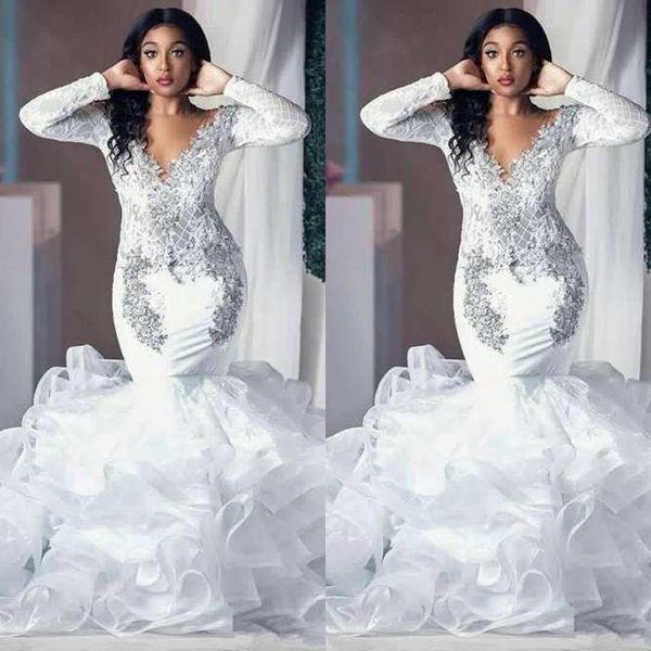 

white long sleeves mermaid wedding dress 2020 v neck lace appliques organza skirt arabic garden wedding gowns