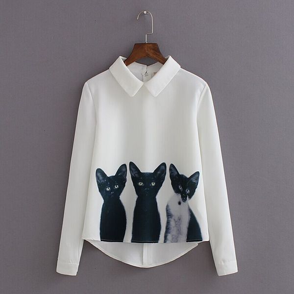

chiffon blouses womens clothing cartoon fashion cat new loose chiffon three cats long sleeve casual blouse autumn shirts, White