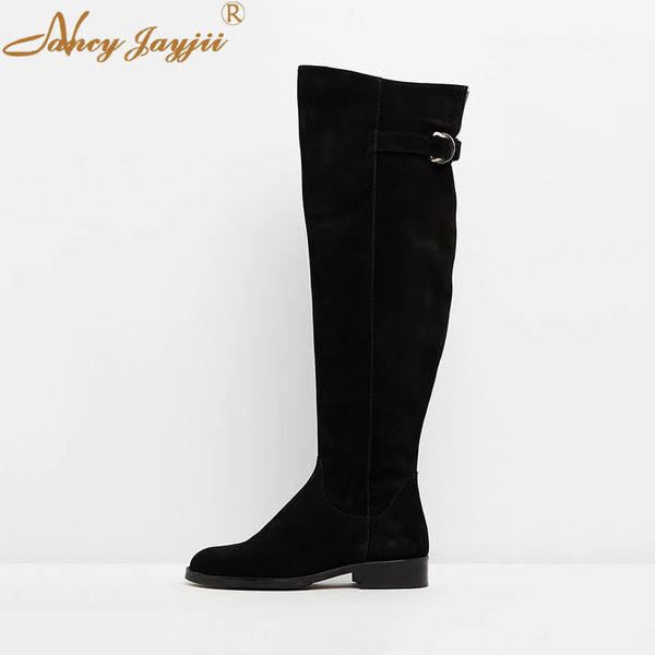 

women shoes boots lady knee-high square heel slip-on black solid round toe zipper leisure fashion nancyjayjii mature 2019