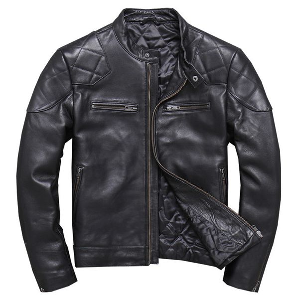 

new stylish genuine leather jacket men real sheepskin motorcycle biker leather jacket casual male winter outerwear plus size, Black