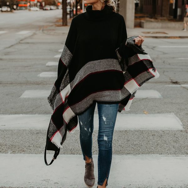

women plaid cloak knitted pullovers autumn winter sweaters long sleeve thin jumper oversized turtleneck warm knits capes, White;black