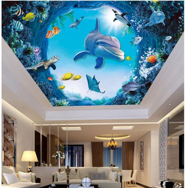 

3d ceiling murals wallpaper custom p underwater world dolphin fish background home decor living room wallpaper for walls 3 d