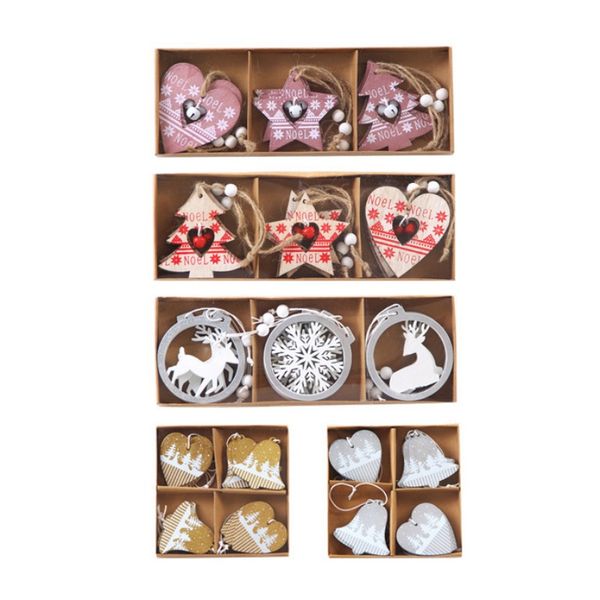 

9pcs/set natural wood christmas tree ornament wooden hanging pendants gifts snow elk new year gifts christmas decoration