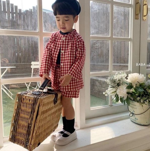 

2020 korean style baby girls boys 2pcs plaid set shirt+shorts kids girls suit 1-6 t, White
