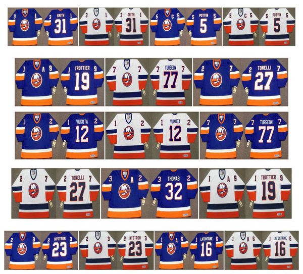 

vintage new york islanders jerseys 12 chris simon 77 pierre turgeon 19 bryan trottier 27 john tonelli 32 steve thomas smith ccm retro hockey, Black;red