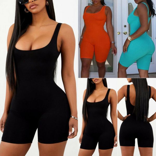 

women sleeveless tracksuit playsuits sports outfit gym fitness running workout clubwear stretch bodycon jumpsuit short romper, Black;white
