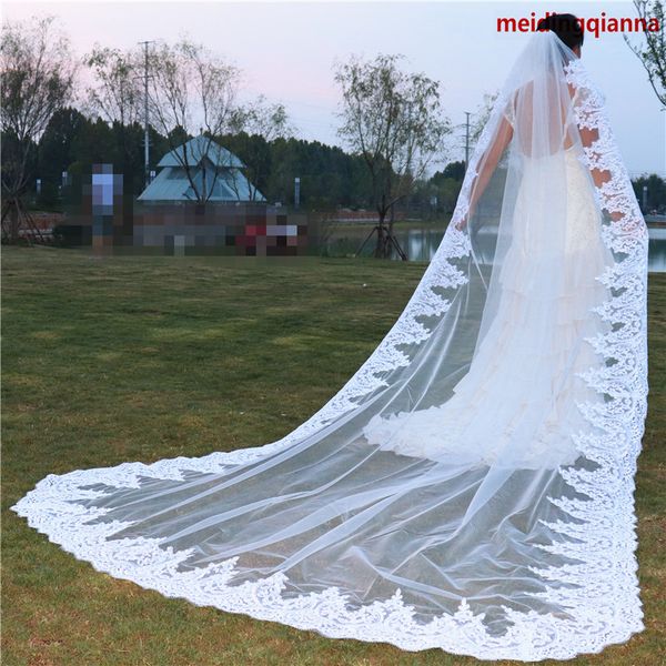 

imposing one-tier white ivory lace applique edge wedding veil nice-looking cathedral length meidingqianna brand bridal veil, Black