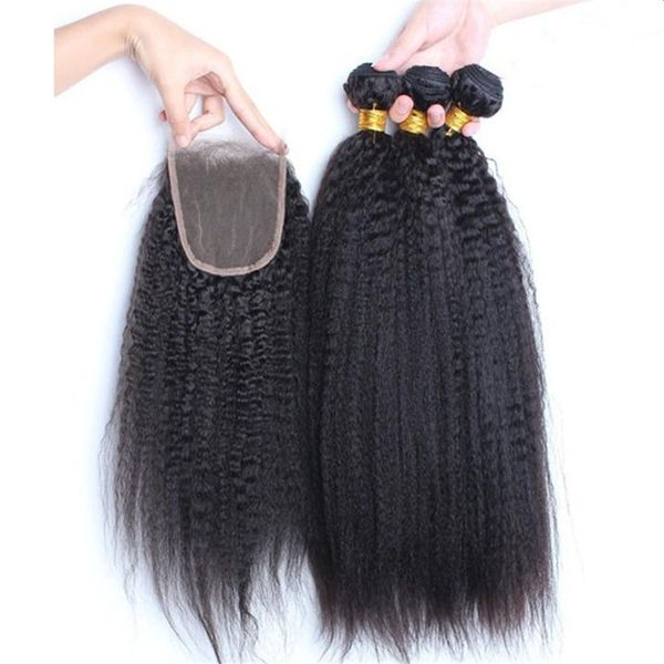 

italian coarse yaki brazilian virgin human hair 3pcs bundles with closure 4pcs lot kinky straight virgin hair weaves with 4x4 lace closure, Black;brown