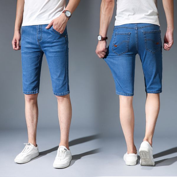 

mens jeans shorts 2019 new spandex stretch denim jeans knee length shorts light blue wash style slim fit male
