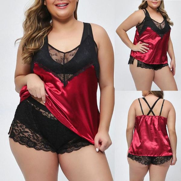 

women sleeveless lace spaghetti strap camisole shorts pajamas sleepwear set plus size 4xl, Black;red