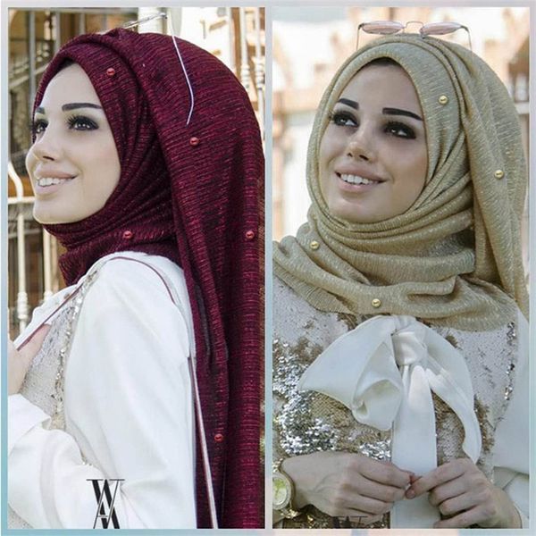 

ethnic clothing 75*180cm stretchy gold yarn islamic scarfs muslim beading hijab scarf with pearls foulard femme musulman arab headscarf, Red