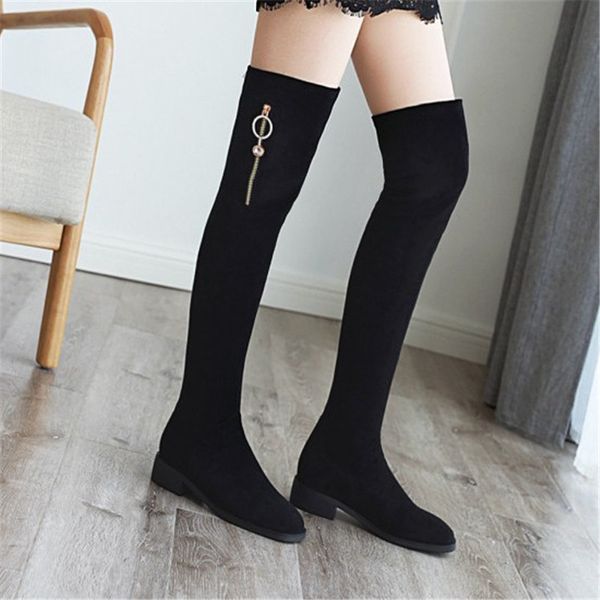 

pxelena 2020 new spring autumn thigh high boots ladies slim fit flock low heels over the knee boots women shoes plus size 34-43, Black