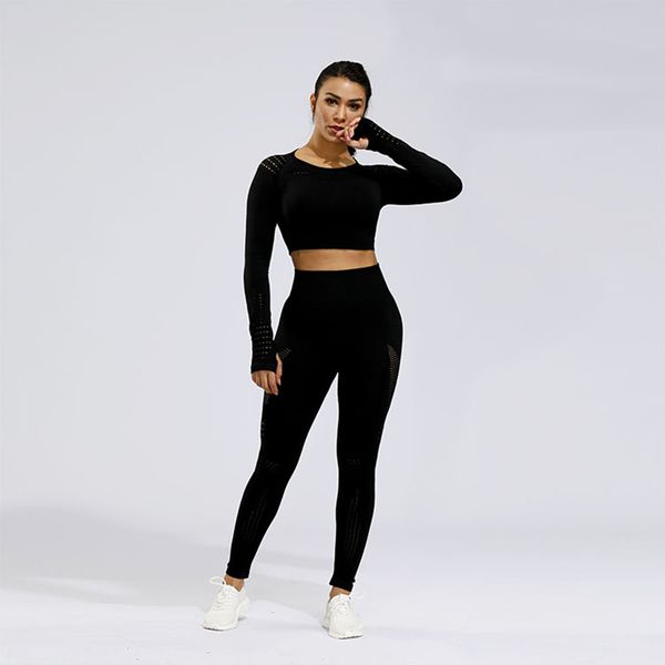 

women's long sleeve yoga set gym clothing flawless knit crop 2 pieces workout tracksuit fitness sport wear