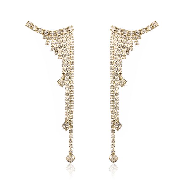 

long rhinestone tessal pendant earrings gold color copper crystal drop earring for women fashion jewelry link chain brincos 2019, Silver
