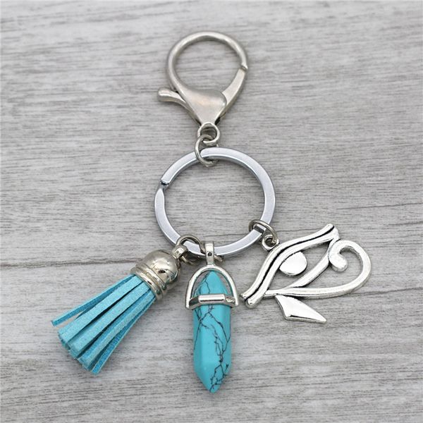 

10pcs/lot wholesale tassel key chain natural stone keychain jewelry gift ancient egypt eye of horus pendant car key rings holder, Silver