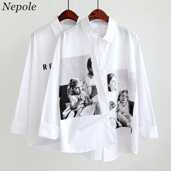 

neploe characters print casual loose shirt 2019 spring summer solid turn down collar white blouse harajuku korean blusa 69669