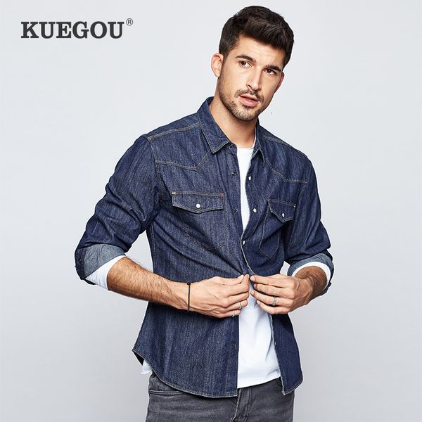 

kuegou 2019 autumn 100% cotton blue denim shirt men dress button casual slim fit long sleeve for male fashion brand blouse 2978, White;black