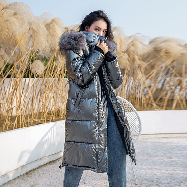 

new style 2019 autumn ladies' elegant europe and america women's dress bright surface trend hooded slim down feather cotton-padd, Blue;black