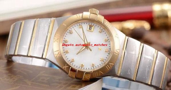 

5 style midsize constellation 18k yellow gold w/skeleton back case diamond dial steel 32mm quartz movement fashion ladies watches wristwatch, Slivery;brown