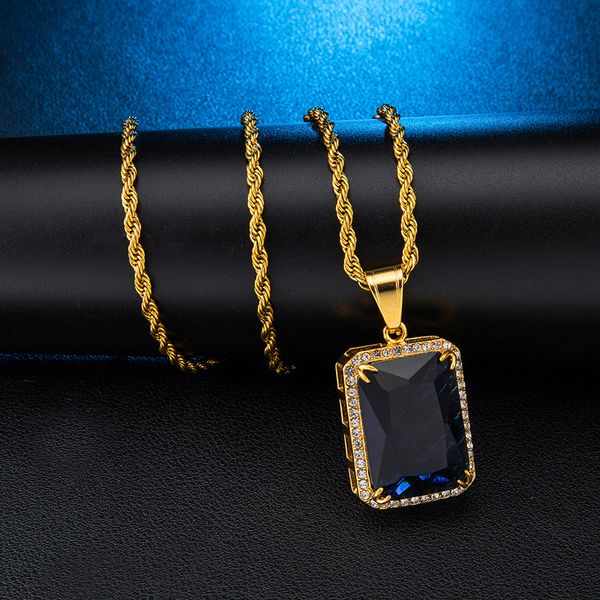 

bling iced out square blue stone necklace & pendants paved rhinestoned pendant stainless steel chain for women men jewelry, Silver