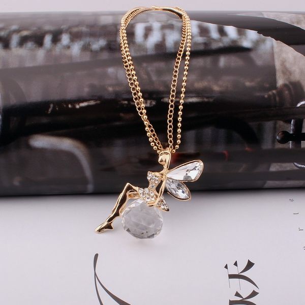 

maxi new crystal ball angel pendant with diamond long bling necklace, Silver