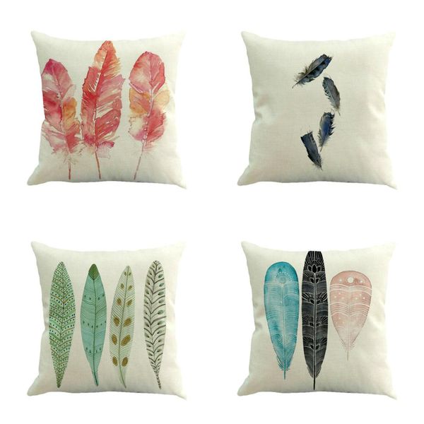 

feather and cotton pillowcase feather painting linen cushion cover throw pillow case sofa home decor 7#p7