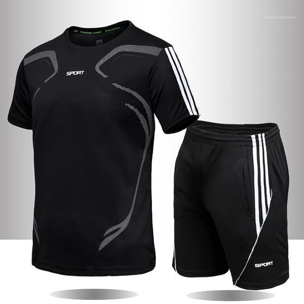 

quck drying striped tracksuits summer mens designer crew neck knee length 2pcs breathable sets males sport fitness colthes teenages, Gray