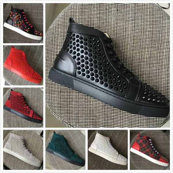 

New Arrivals 2019 Brand Red Bottom Sneakers Men Women Black Leather With Studded Spikes High Top Casual Shoes Crystal Party Trainers 35-47