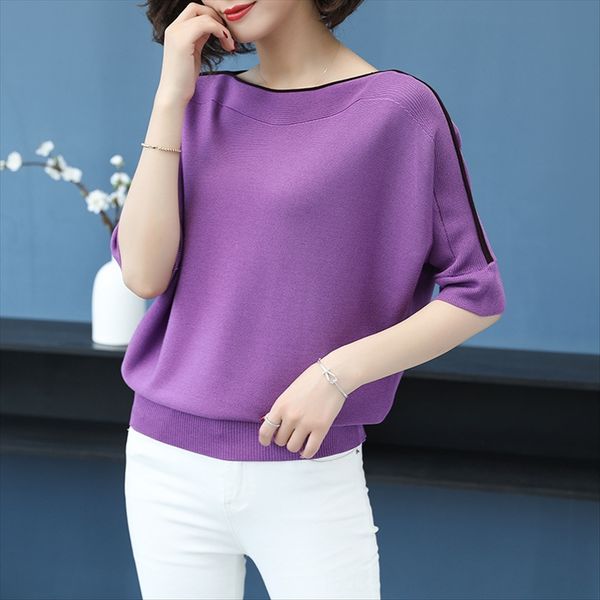 

seven-point t- women's sleeve ice silk 2020 women's loose color matching knitwear slim t-shirt knitted shirt knitwear seven-point, White