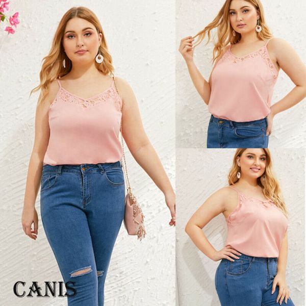 

women lace v neck sleeveless tank shirt ladies summer camisole cami plain pink casual blouse plus size, White