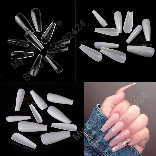 

100pcs coffin fake nails art white/clear/natural ballerina/stiletto shape false nails detachable full cover nail art tips, Red;gold