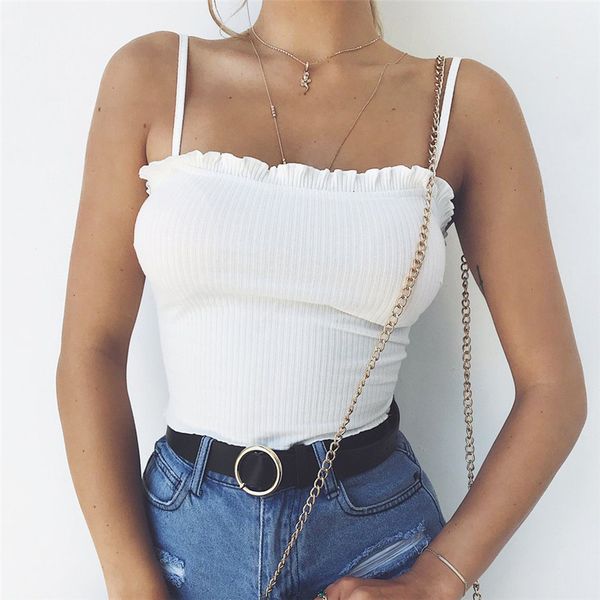 

fashion women's t-shirts 2019 women's ruffles tank vest off shoulder halter t-shirt camis camisole female, White