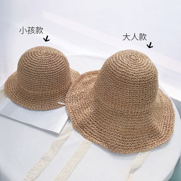 

summer sun hats for kids girls and mother straw sun hat lady lace panma beach hat floppy female travel folding chapeu, Blue;gray